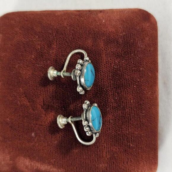 Vintage TURQUOISE 925 Sterling Silver SCREWBACK Hook Earring Native American - Picture 2 of 8